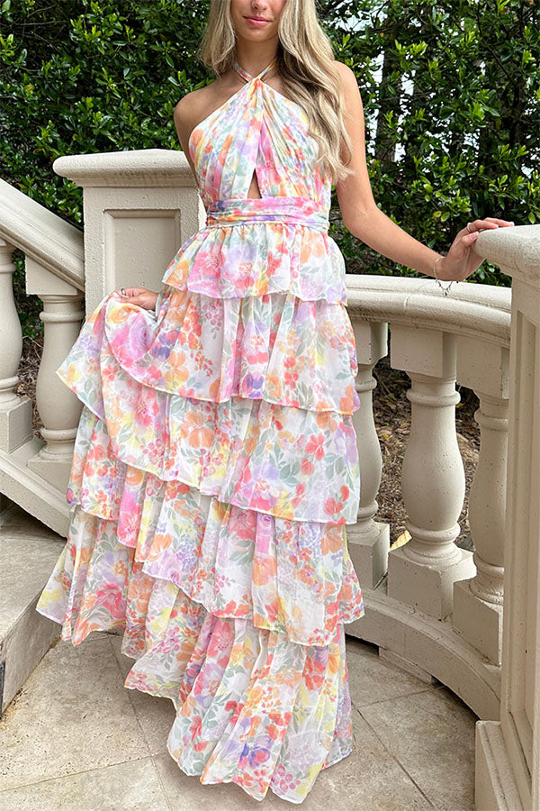 Harmony Floral Print Tiered  Ruffle Cross Halter Backless Vacation Maxi Dresses