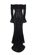 Floral Lace Off Shoulder Flare Sleeve Fishtail Maxi Dresses-White