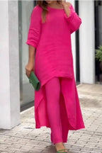 Linen Asymmetrical Long Top + Wide-Leg Pants Set