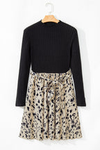 Black Ribbed Knit Patchwork Printed Belted A - line Dress