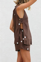Vacation Polka Dot V-Neck Sleeveless Vest & Drawstring Shorts Set