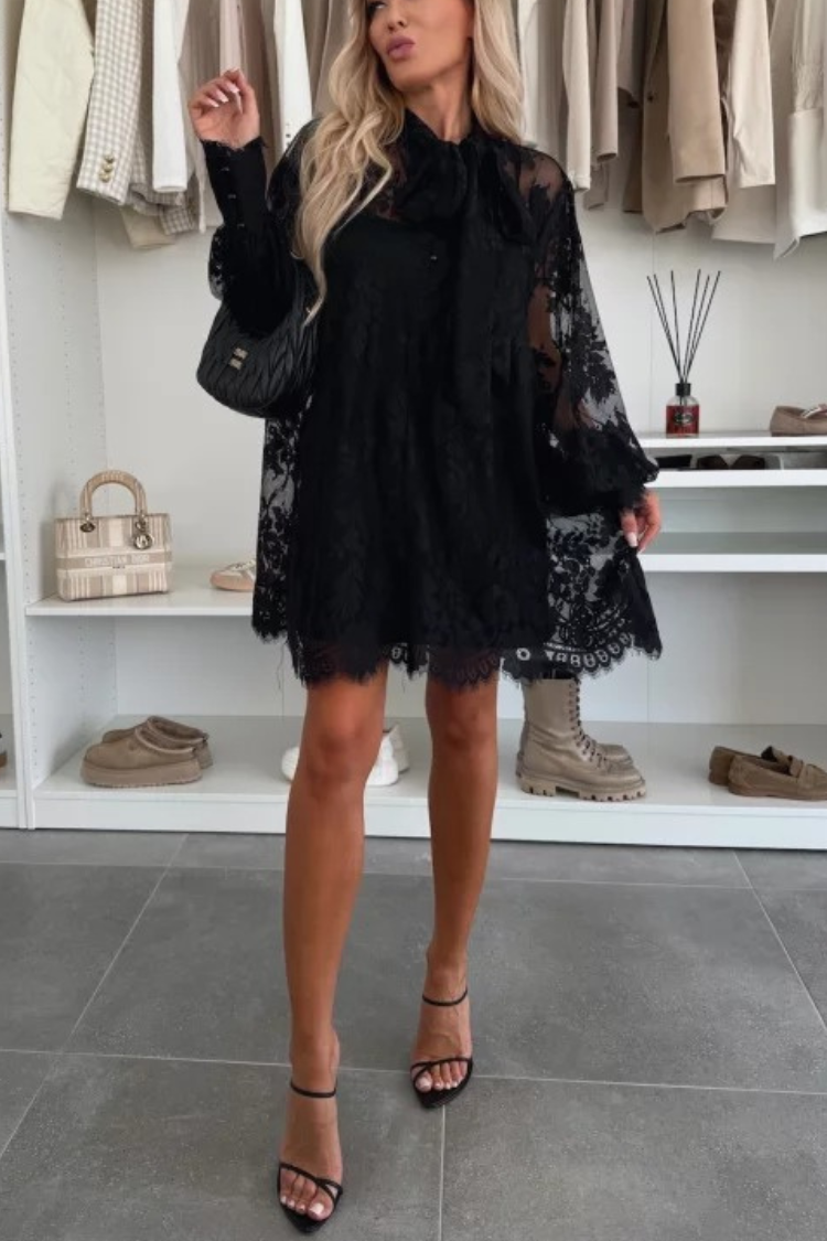 Iliana Effortless Night Rose a Line Mini Dress with Lace Bow and Long Balloon Sleeves Designer Edit