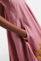 Linen Blend Unique Printed Tie-up Suspenders Pocket Elegant Vacation Maxi Dress