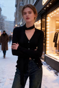 Draped Collar Textured Knit Top