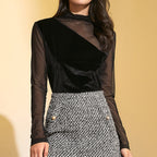 Black Long Sleeve Lace Mesh Mock Neck Blouse