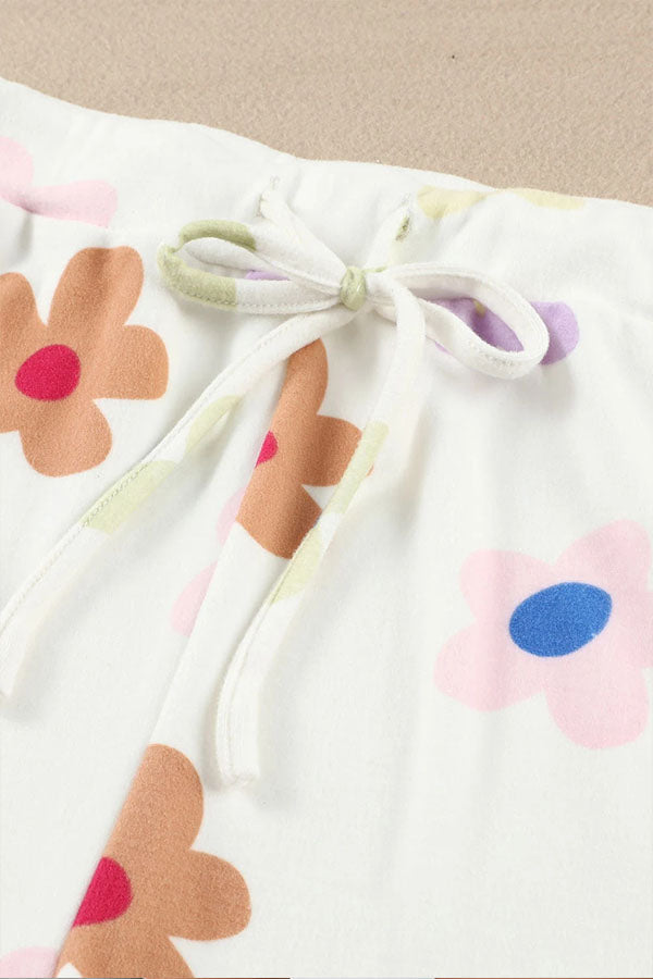 White Floral Print Henley Top & Drawstring Shorts Loungewear Set