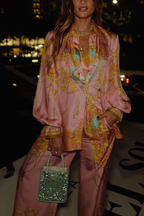 Mermaid Motel Unique Print Long Sleeve Loose Shirt and Elastic Waist Pants Set