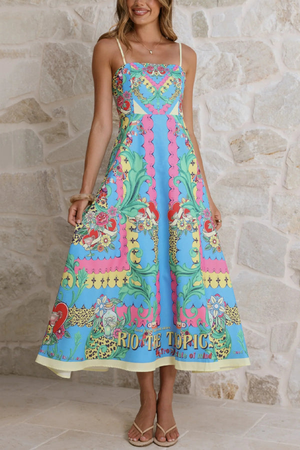Unique Printed Sleeveless Off-shoulder Casual Vacation Midi Dresses
