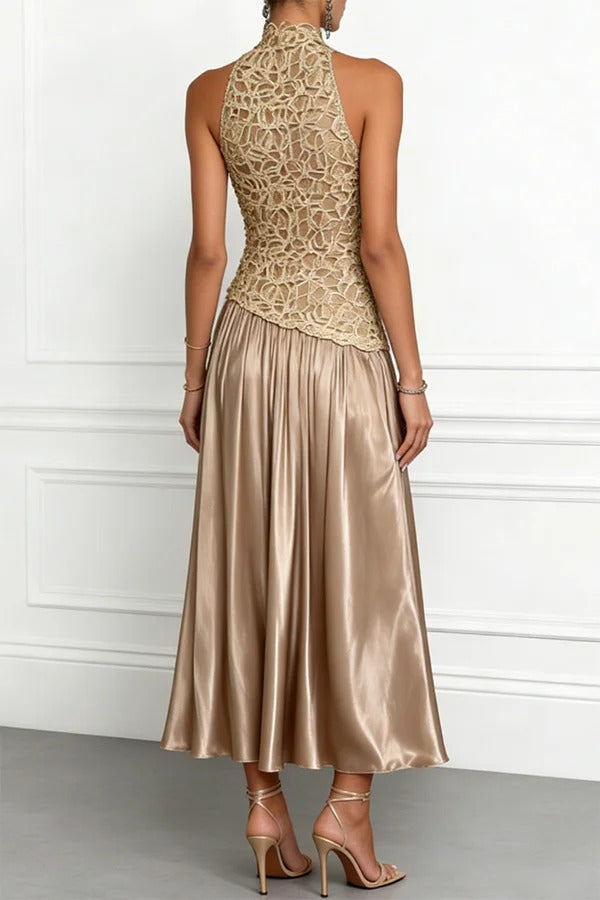 Spring Garden Galas Lace Satin Crew Neck Sleeveless A-Line Maxi Dress