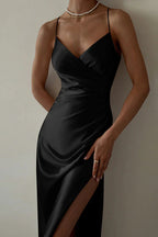 Satin V-Neck Ruched Waist Cami Bodycon Maxi Dress