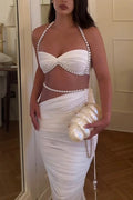 Imalia Stretch Mesh Pearl Trim Gathered Tank and Detachable Belt Vacation Maxi Skirt Set