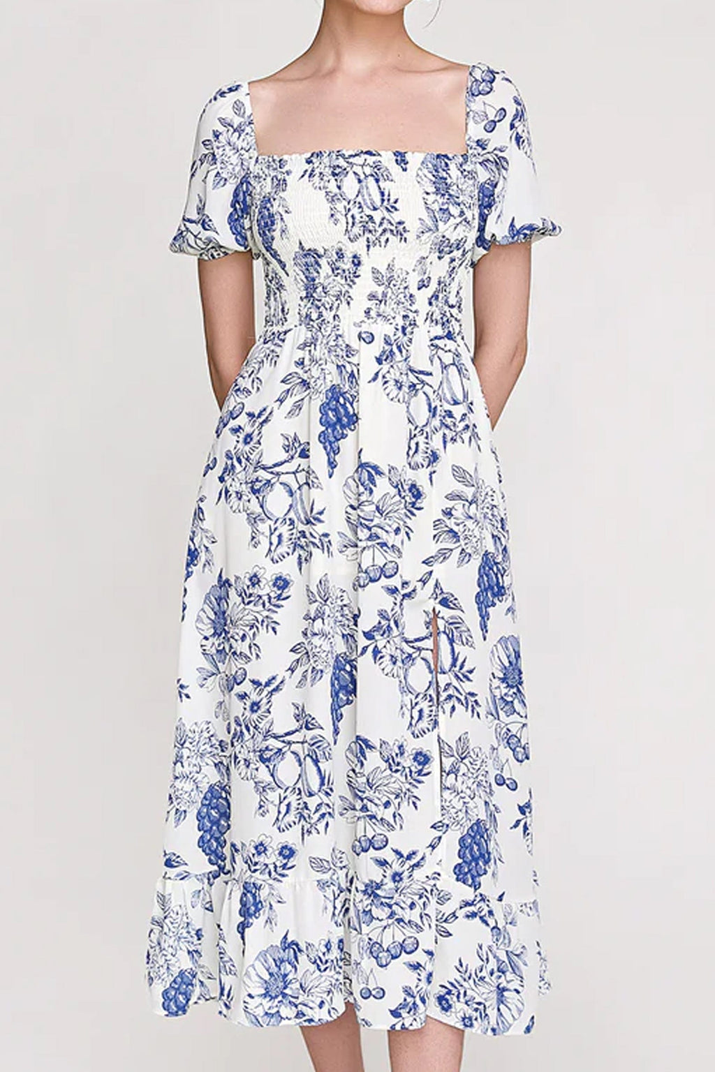 Blue Fruit Print Smocked Puff Sleeve Maxi Dress