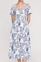 Blue Fruit Print Smocked Puff Sleeve Maxi Dress