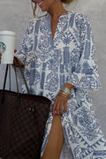 Bohemian Floral Print Stand Collar V-Neck 3/4 Sleeve A-Line Dress