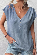 Waffle Casual Solid Color V Neck Button Pullover Women's T-Shirt