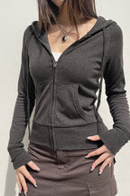 Gray Hooded ZipUp Cropped Hoodie