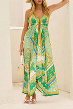 Elegant Off-Shoulder V-Neck Suspender Print Swing Dress