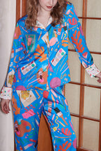 Blue Stationery Printed Home Long-sleeved Two-piece Set