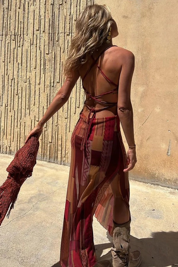 Griselda Exclusive Midi Dress with a Unique Gypsy Style Print, Cowl Neckline At the Back, Lace Up Fastening and Slit Evening Wear Edit