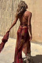 Griselda Exclusive Midi Dress with a Unique Gypsy Style Print, Cowl Neckline At the Back, Lace Up Fastening and Slit Evening Wear Edit