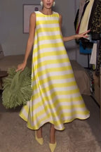 Elara Satin Striped Contrast Print Sleeveless Pocket A-line Maxi Dress