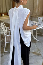 Polka Dot Print Open Backless Stand Collar Sleeveless Ribbon Top