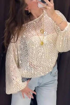 Shimmering Sequin Openwork Lantern Sleeve Blouse