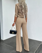 Fashionable solid color high waisted straight pants suit