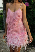 Chic Tassel Sequin Feather Patchwork Cami Sequin Dress