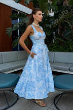 Wide Strap High Waist Floral Tie Midi Dress