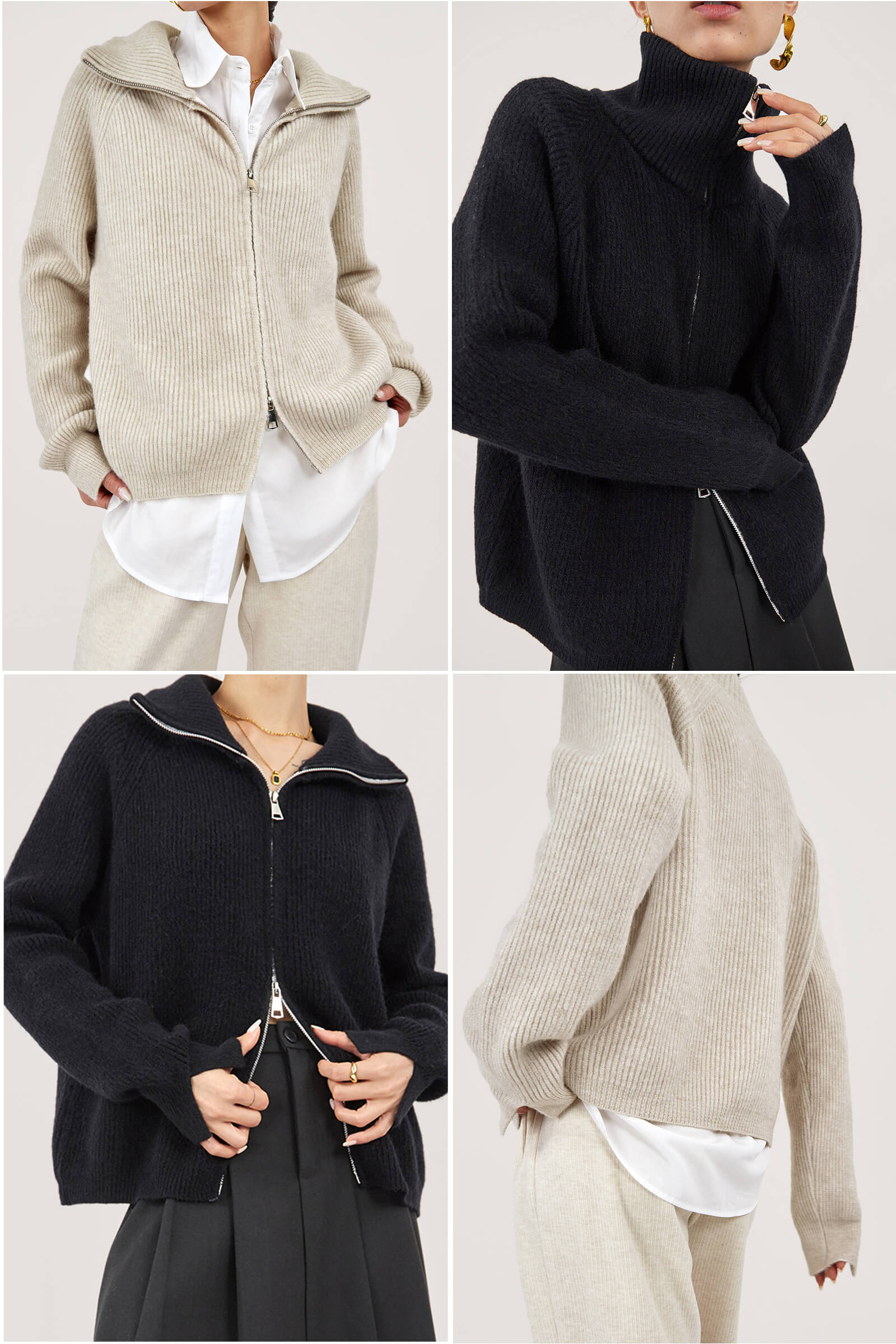 Black Solid Zipper Up Placket Cardigan