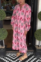 V-Neck Floral Print Puff Sleeve Relaxed Midi Dress
