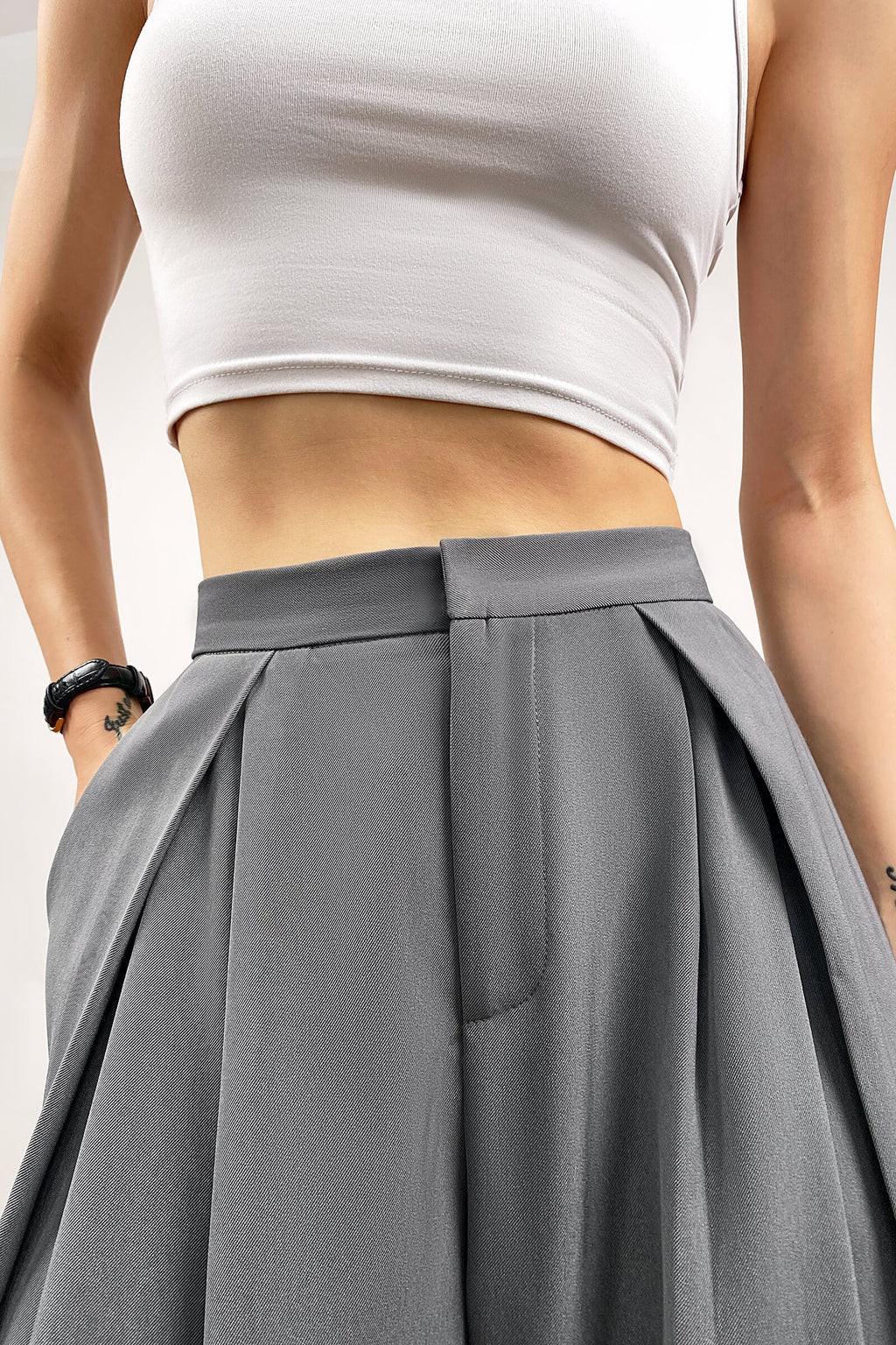Dark Grey Pleated Wide Leg Work Pants