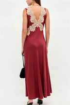 A Little Sultry Satin Floral Lace Trim V-neck Sleeveless Drape Maxi Dress