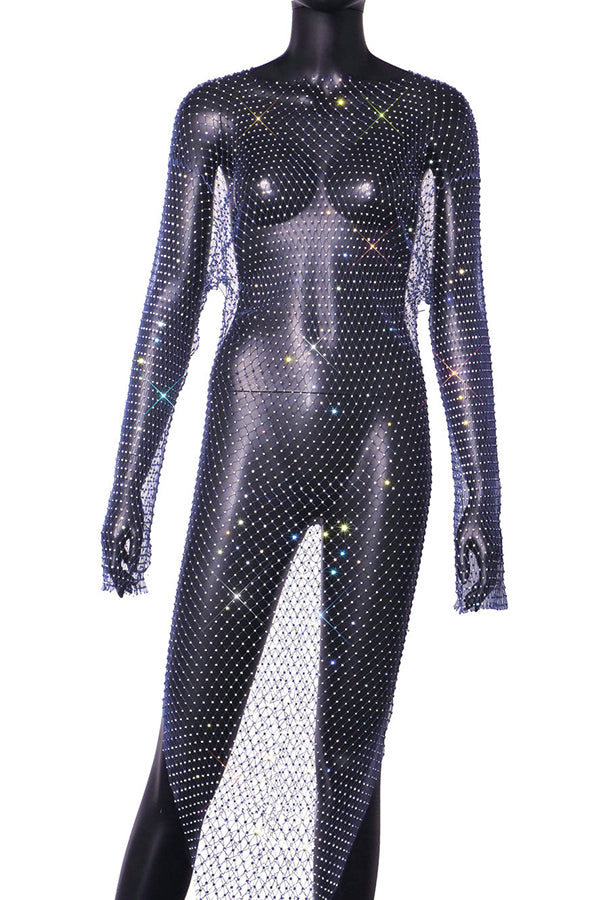 Best Layering Items Mesh Wide Neck Long Sleeve Slit Cover-up Maxi Dress
