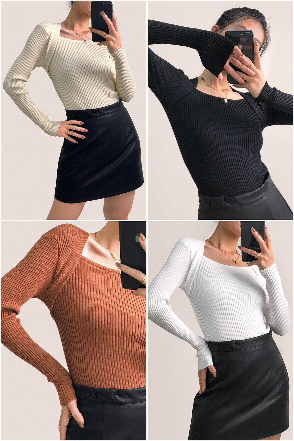 Brown Ribbed Knit Square Neck Sweater