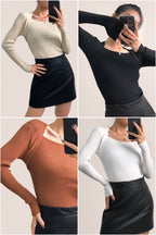 Brown Ribbed Knit Square Neck Sweater