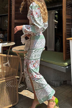 Printed Long Sleeve Crew Neck Cropped Top Split Bodycon Skirt Two Piece Set