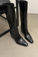 Retro pointed-toe chunky heeled high boots