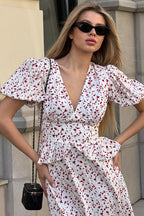 Puff Sleeve Fitted Waist Floral Dress