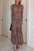 Retro leopard print high collar slim floor-length dress