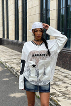 Lace Sheer V Neck Print Sweatshirt