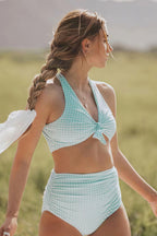 Plaid Deep V Cross Back Two Piece Swim Set