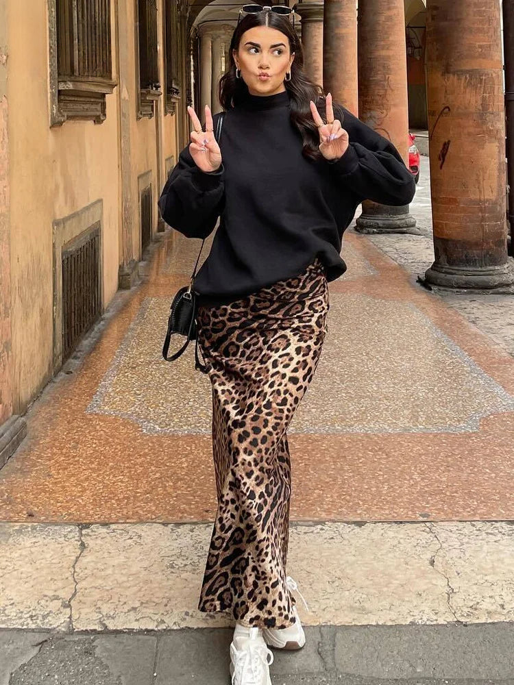 Female Retro Leopard Print Summer Fashion High Waist Satin ALine Skirt