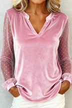 Solid Color Velvet Patchwork Sheer Long-sleeved Casual V-neck Top