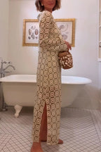 Summer Fashion Floral Crochet Cutout Fabric Long Sleeve Slit Vacation Midi Dress