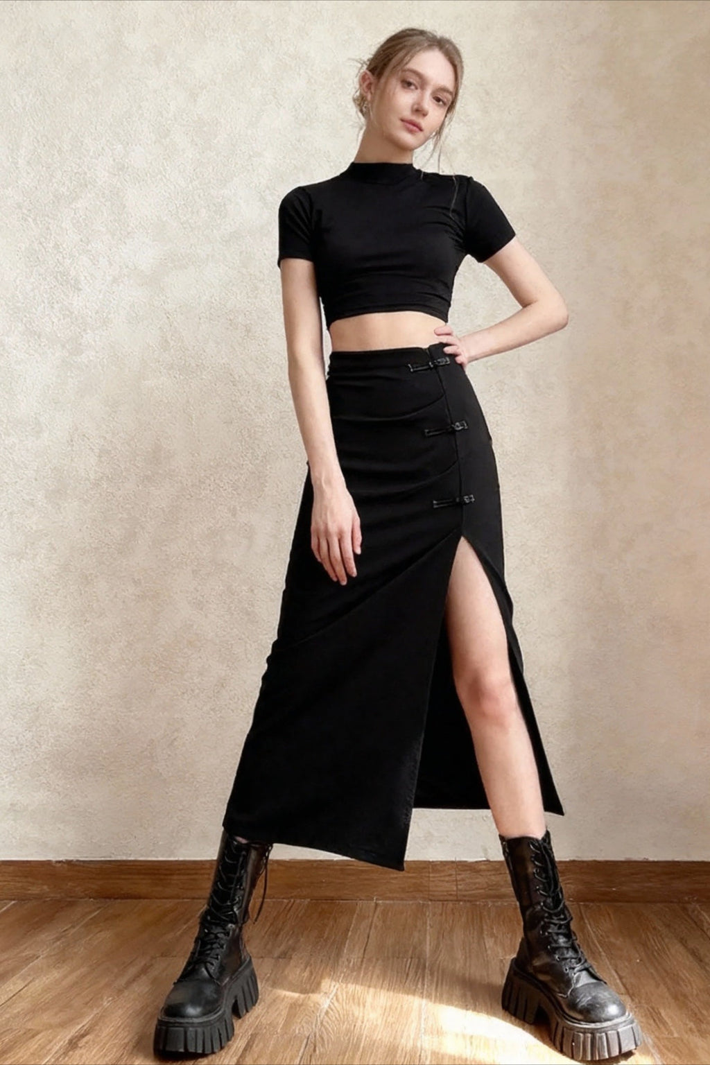Black Sexy Women Aline Slits High Waist Slim Hipcovering Solid Midlength Long Streetwear Skirt