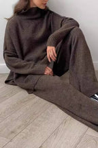 High-neck loose-fitting knit sweater and wide-leg pants two-piece set