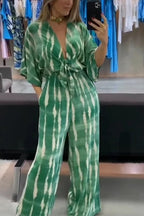 Striped Print V-Neck Lace-Up Casual Wide-Leg Jumpsuit