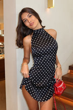 Polka Dot Halter Backless Work Dress